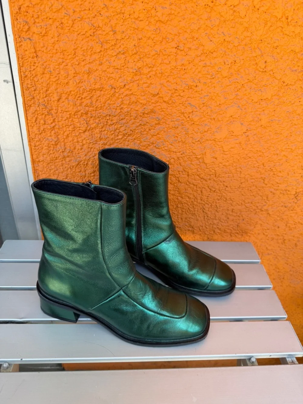 L-Intervalle Metallic Emerald‎ Green Stitched Ankle Boots Low Block Heel Zipper